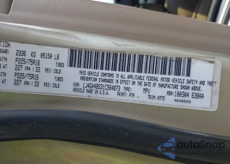 2001 Jeep Grand Cherokee Laredo z USA, uszkodzony, nr VIN 1J4GX48S31C564873